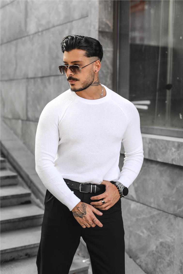 Sade Regular Fit  Triko Kazak Beyaz