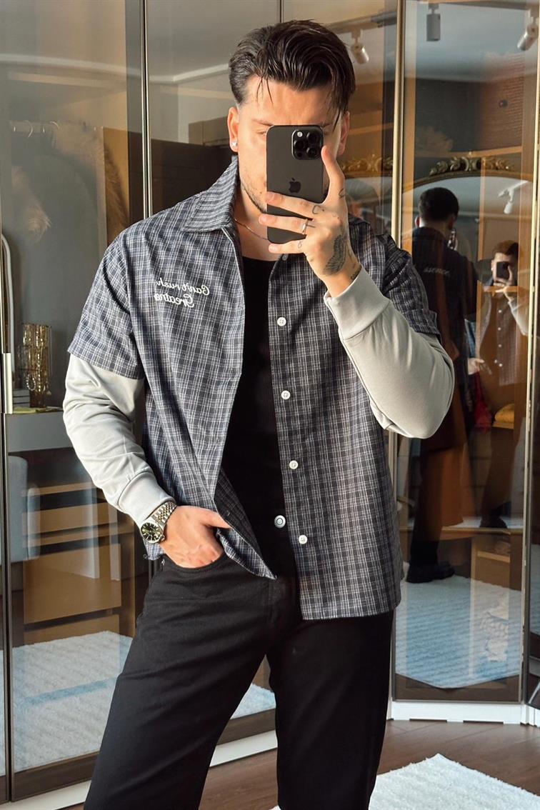 Şardonlu Kol Ekose Bol Gömlek Lacivert