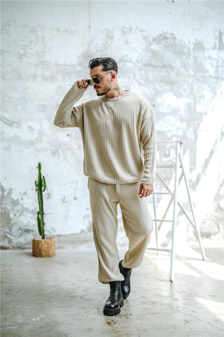 Şerit Dokulu Oversize Kazak Krem