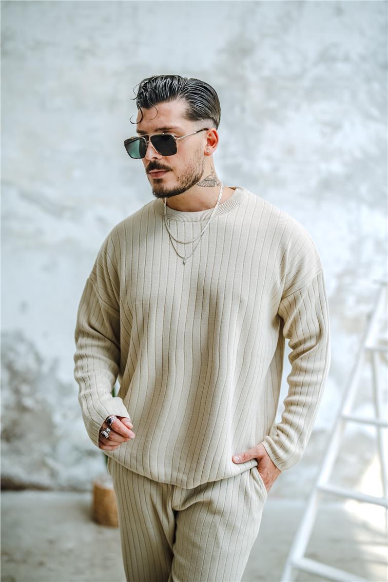 Şerit Dokulu Oversize Kazak Krem