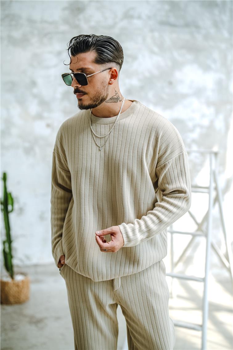 Şerit Dokulu Oversize Kazak Krem