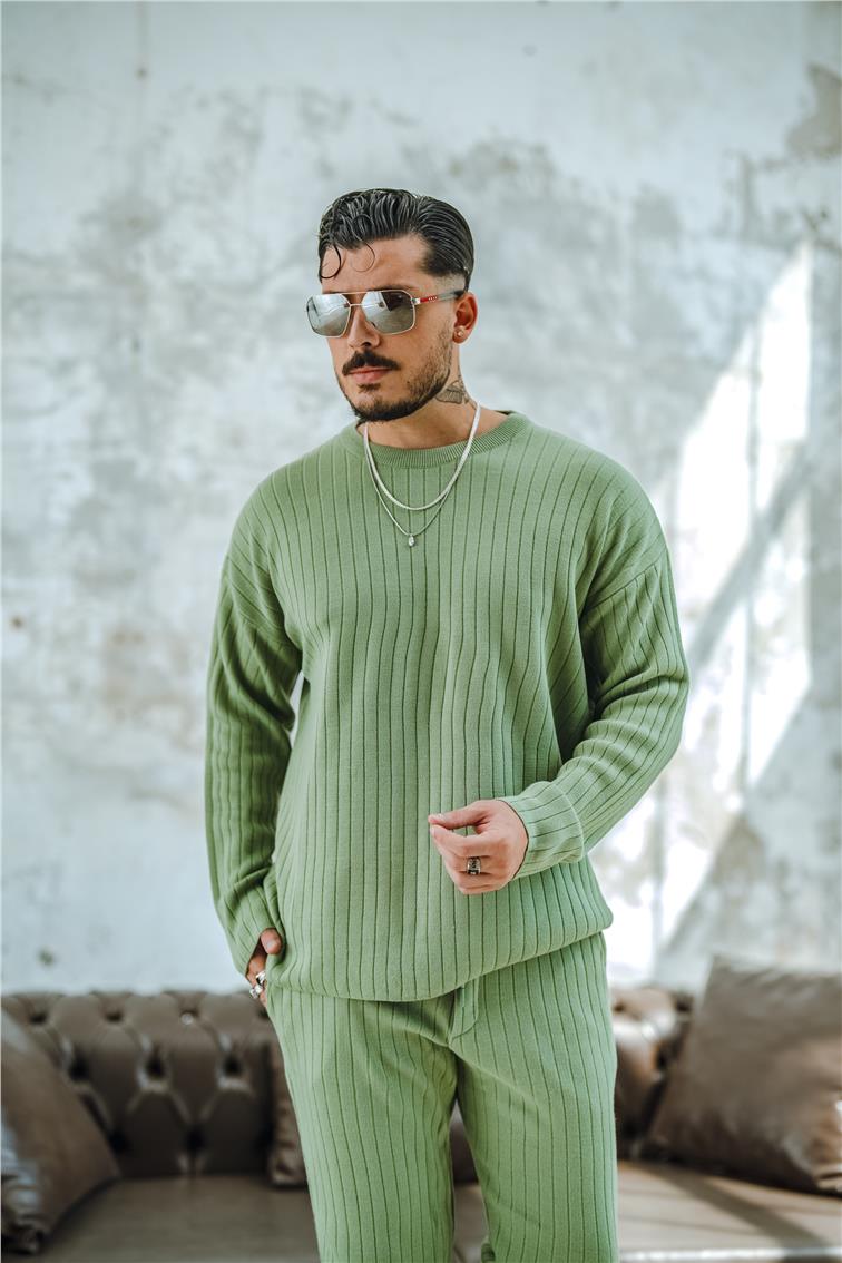 Şerit Dokulu Oversize Kazak Mint