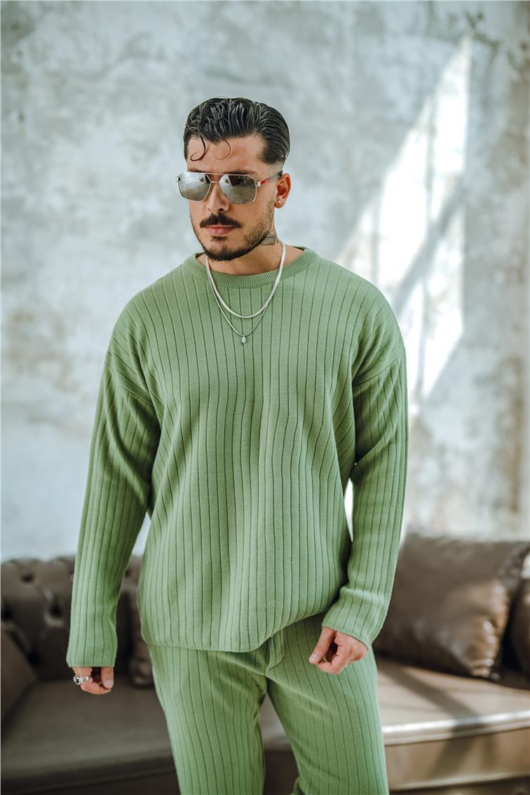 Şerit Dokulu Oversize Kazak Mint