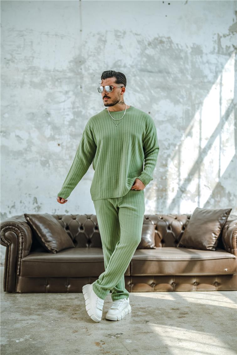 Şerit Dokulu Oversize Kazak Mint