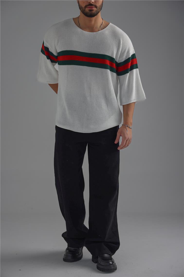 Şerit Renkli Örme Fakir Kol T-Shirt Beyaz