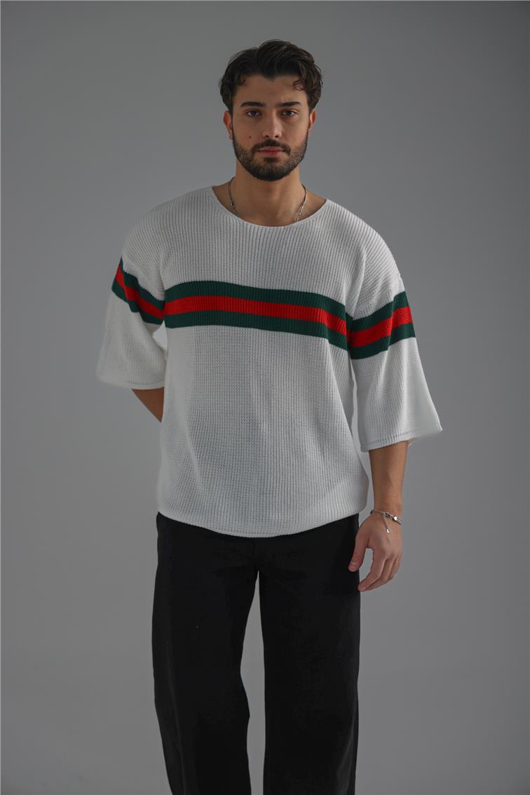 Şerit Renkli Örme Fakir Kol T-Shirt Beyaz