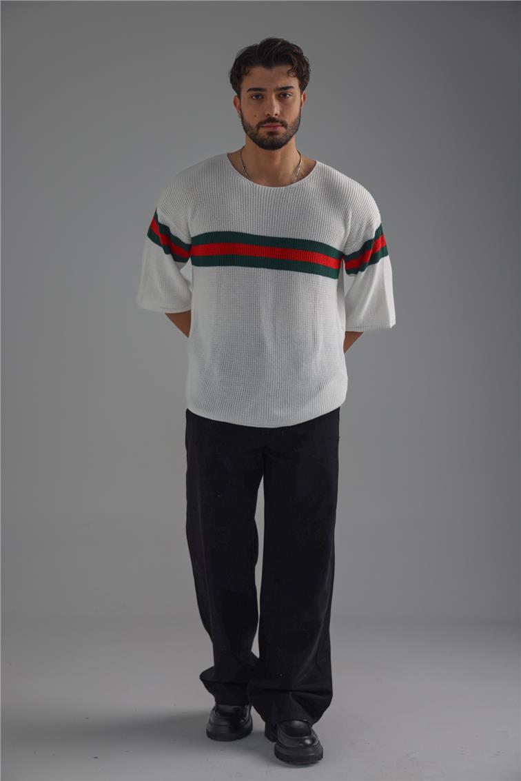 Şerit Renkli Örme Fakir Kol T-Shirt Beyaz