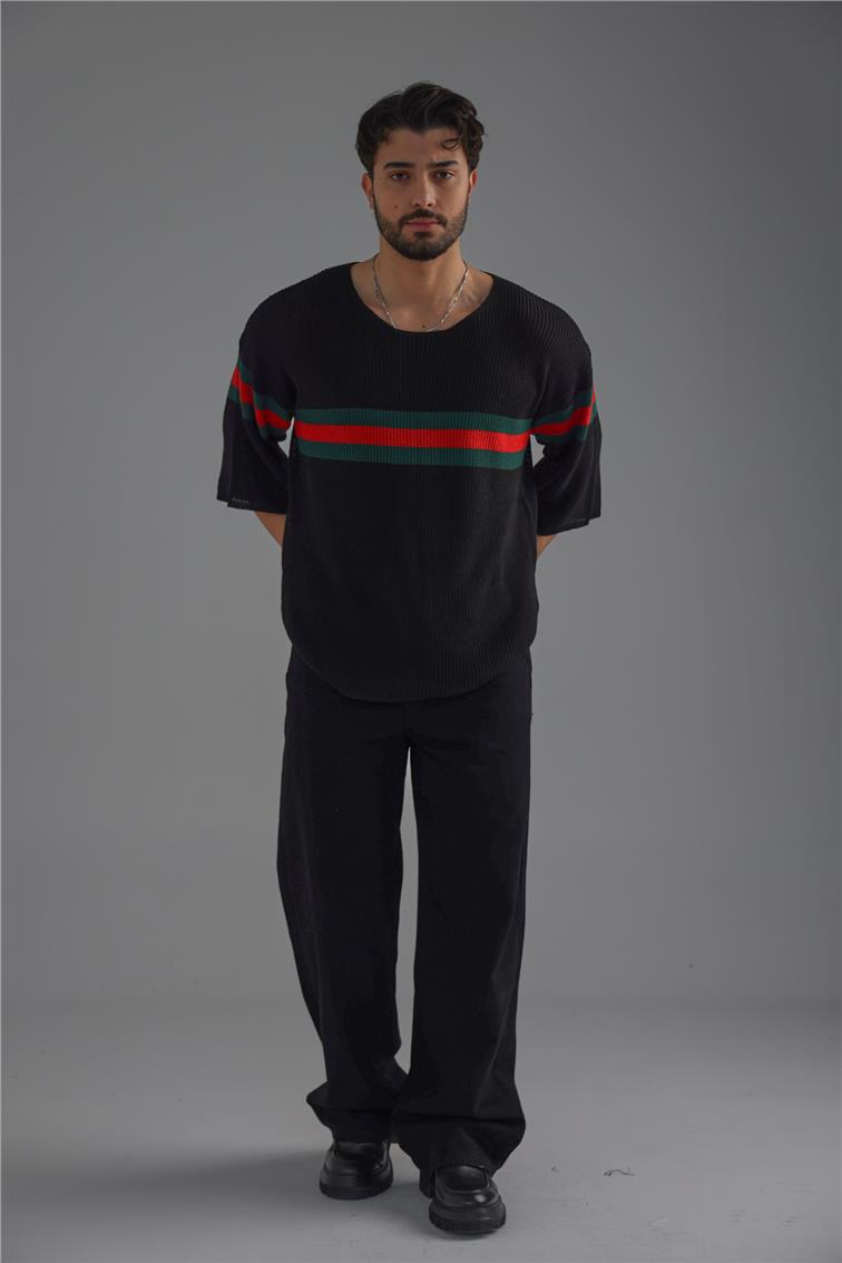 Şerit Renkli Örme Fakir Kol T-Shirt Siyah