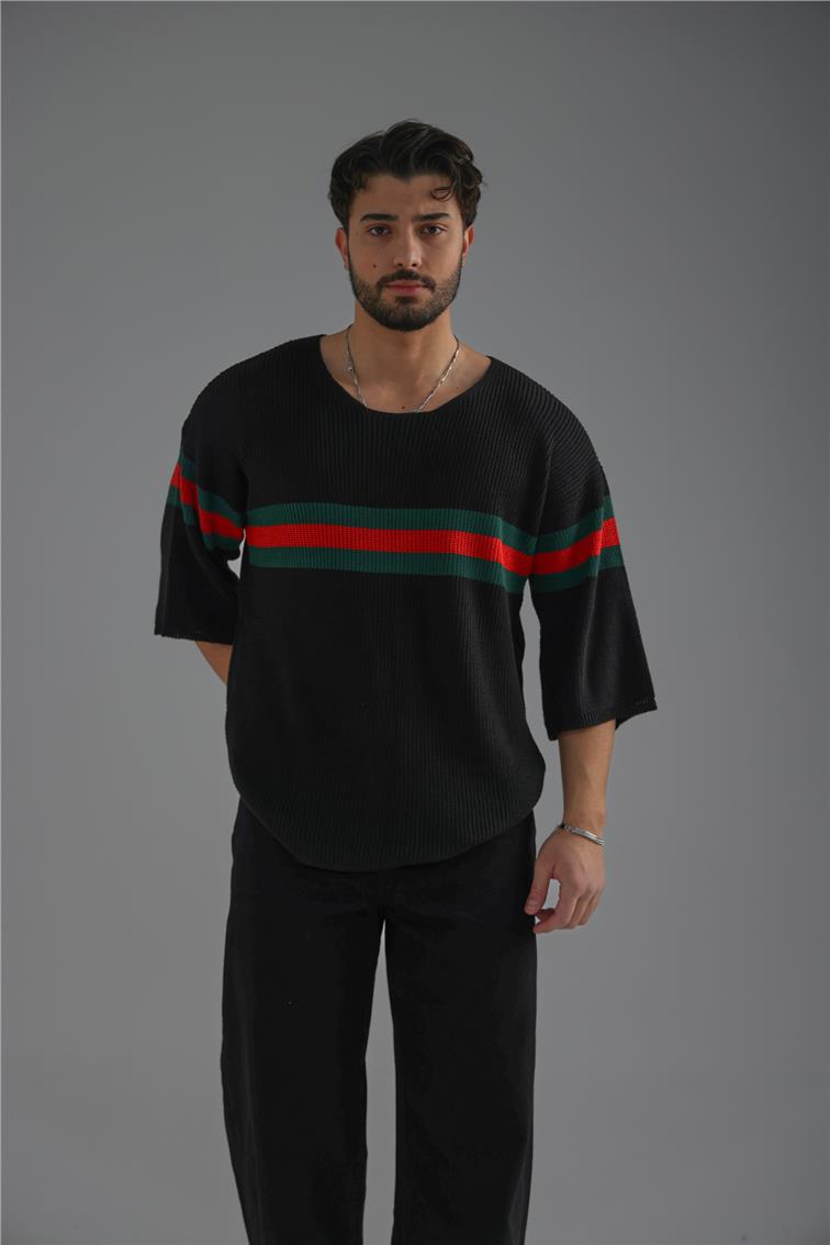 Şerit Renkli Örme Fakir Kol T-Shirt Siyah