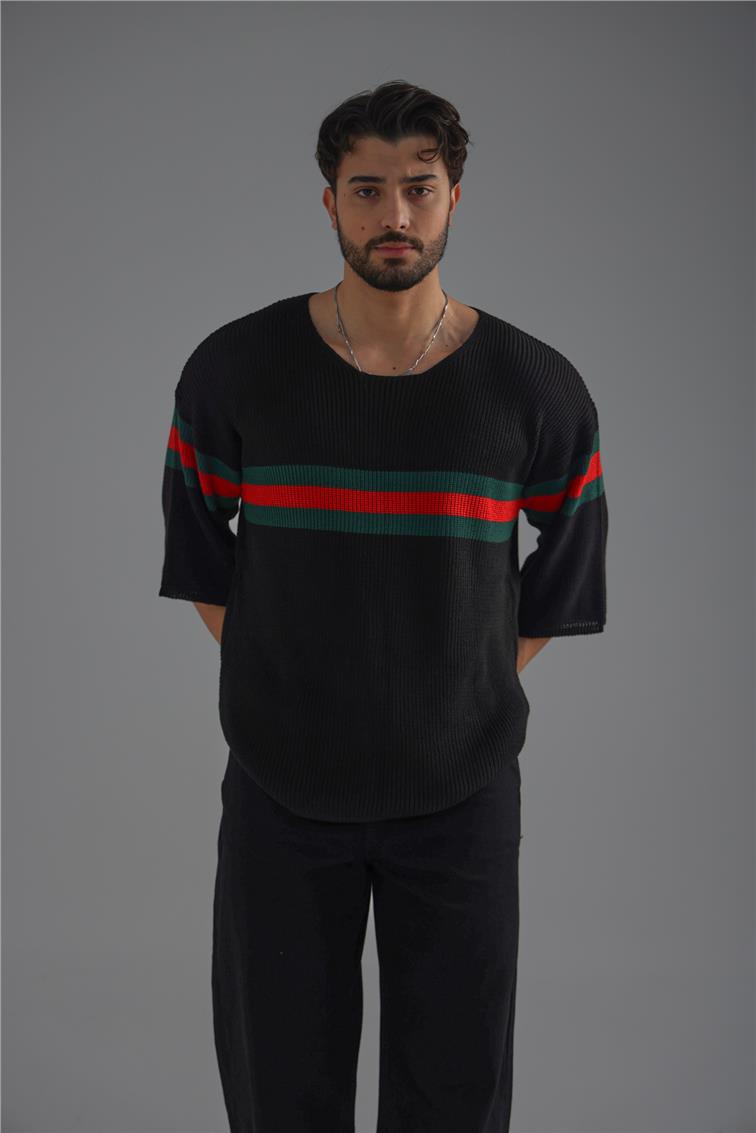 Şerit Renkli Örme Fakir Kol T-Shirt Siyah
