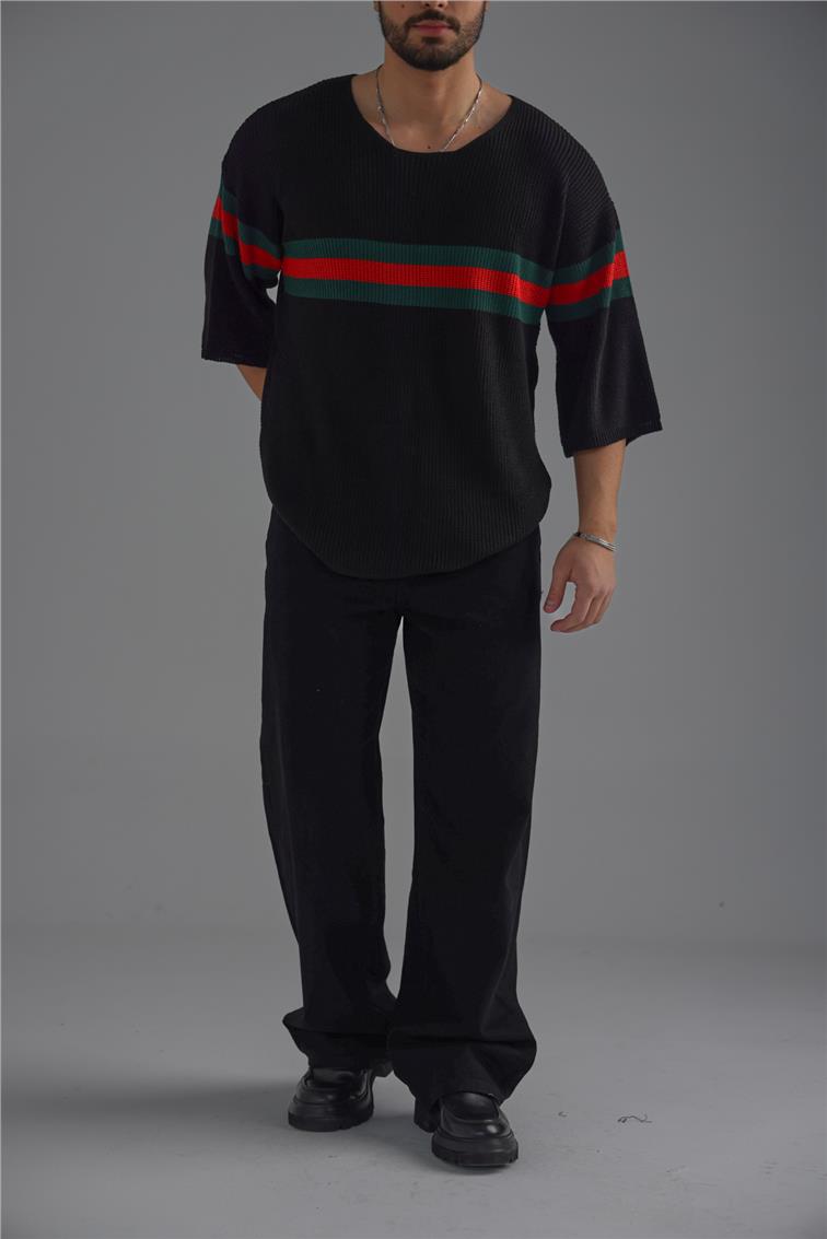 Şerit Renkli Örme Fakir Kol T-Shirt Siyah