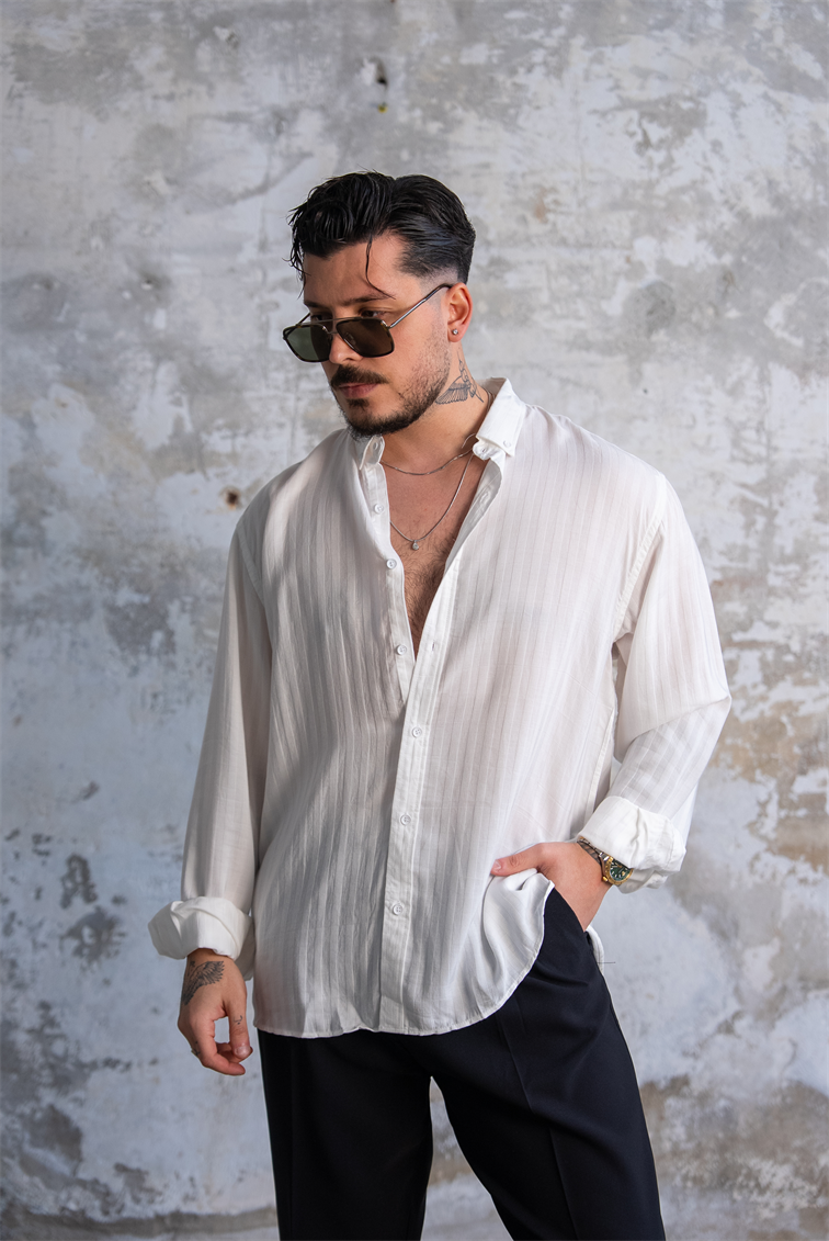 Şeritli İnce Oversize Gömlek Beyaz