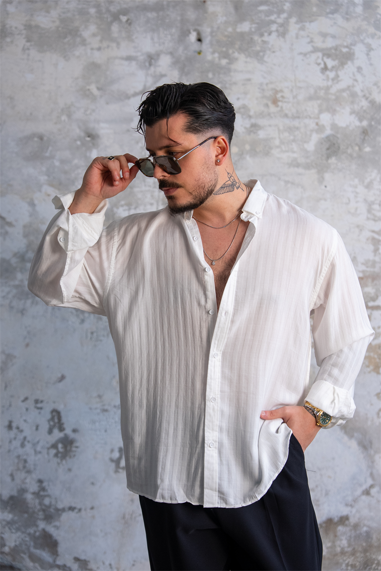 Şeritli İnce Oversize Gömlek Beyaz