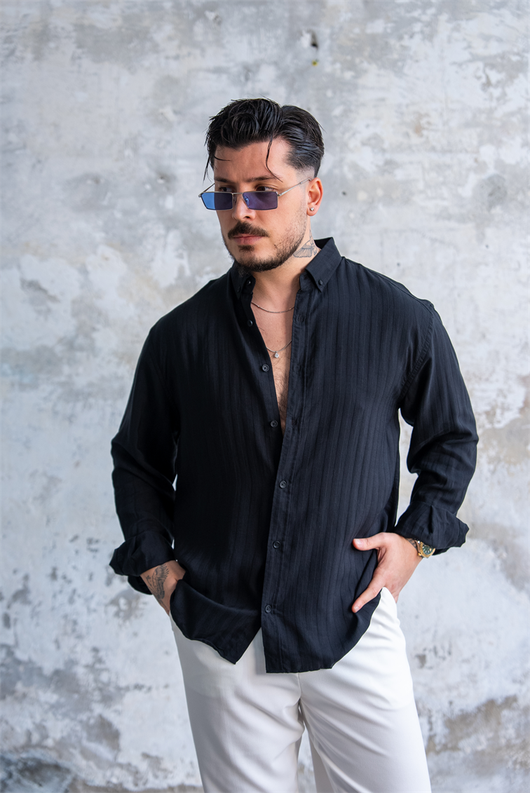Şeritli İnce Oversize Gömlek Siyah
