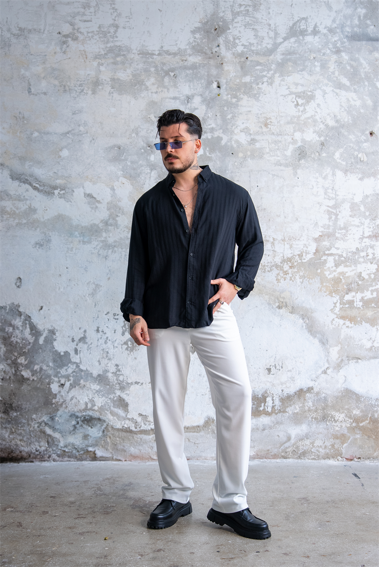Şeritli İnce Oversize Gömlek Siyah