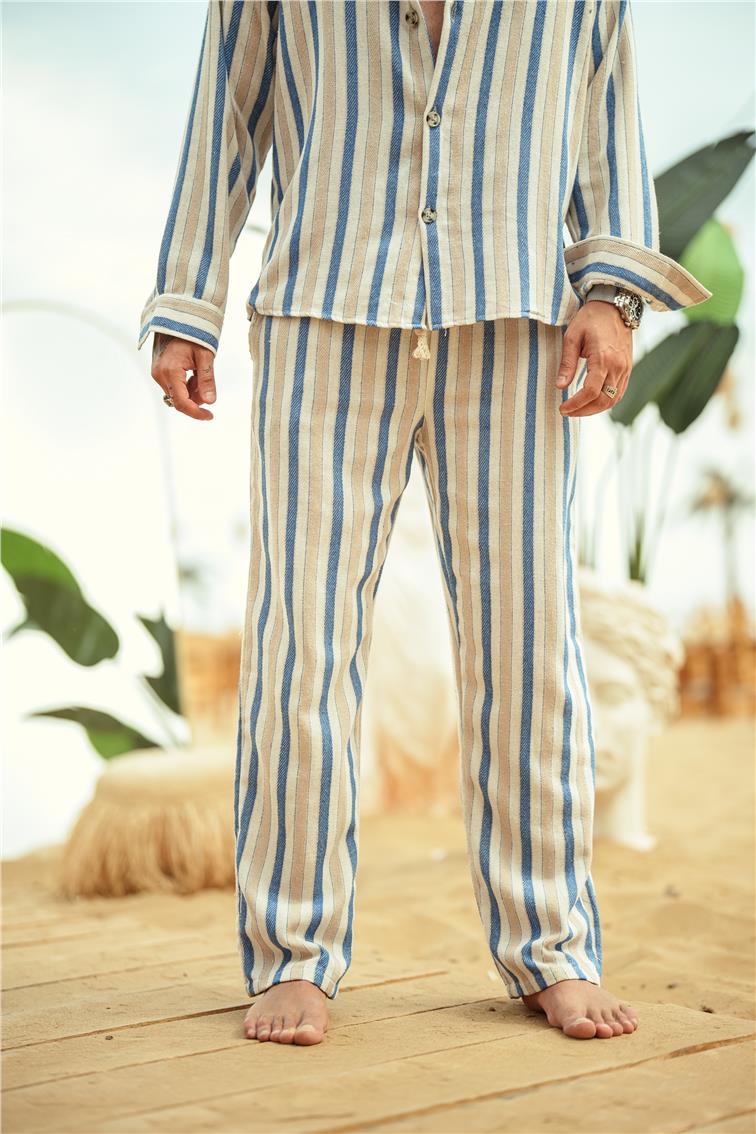 Şeritli Keten Baggy Pantolon Mavi