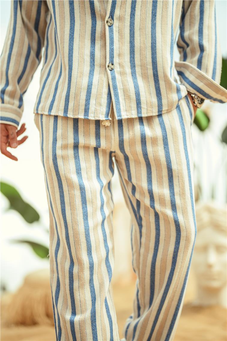 Şeritli Keten Baggy Pantolon Mavi