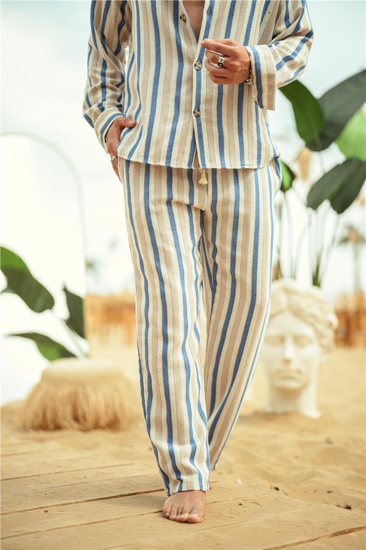 Şeritli Keten Baggy Pantolon Mavi