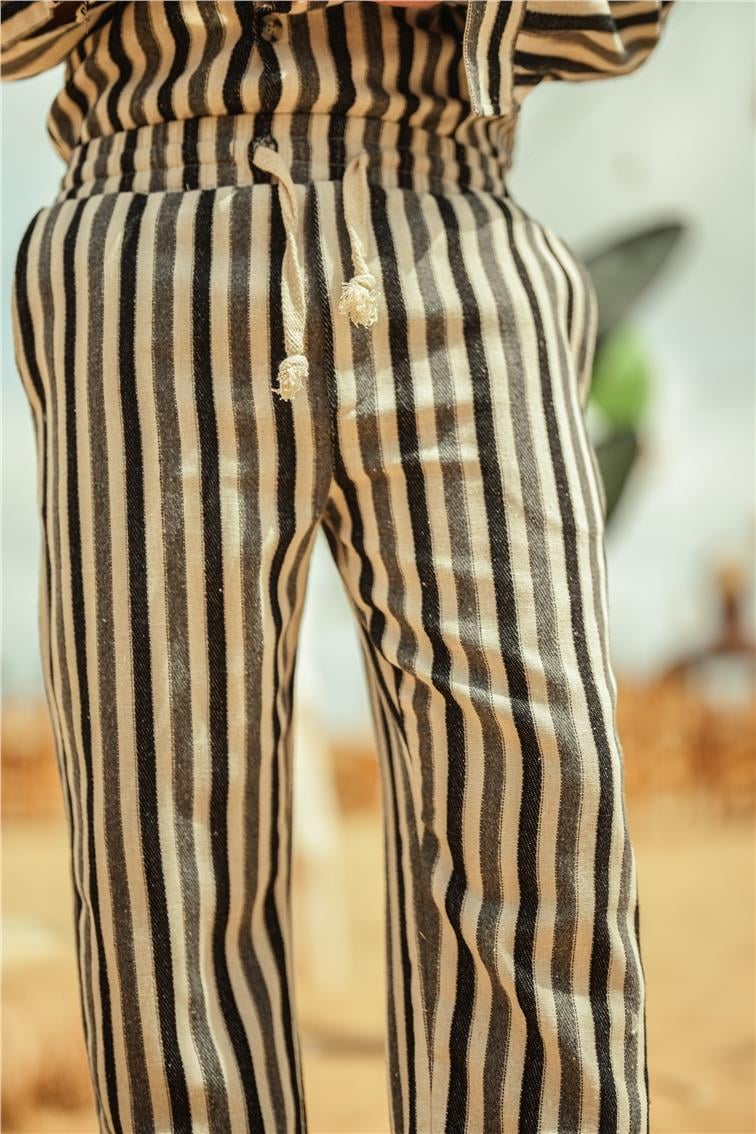 Şeritli Keten Baggy Pantolon Siyah