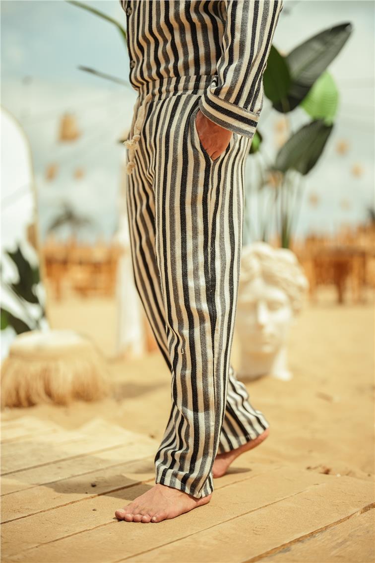 Şeritli Keten Baggy Pantolon Siyah