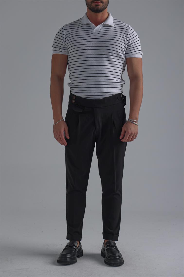 Şeritli Polo Yaka T-Shirt Beyaz
