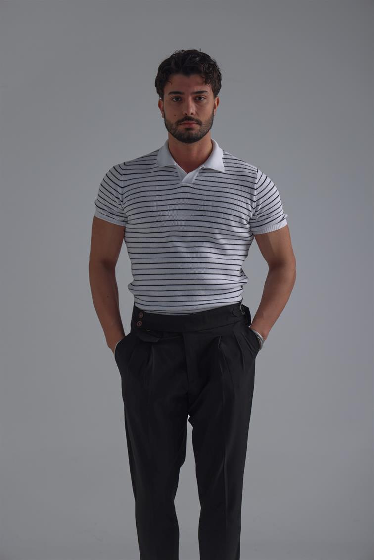 Şeritli Polo Yaka T-Shirt Beyaz