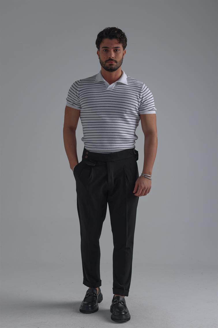 Şeritli Polo Yaka T-Shirt Beyaz