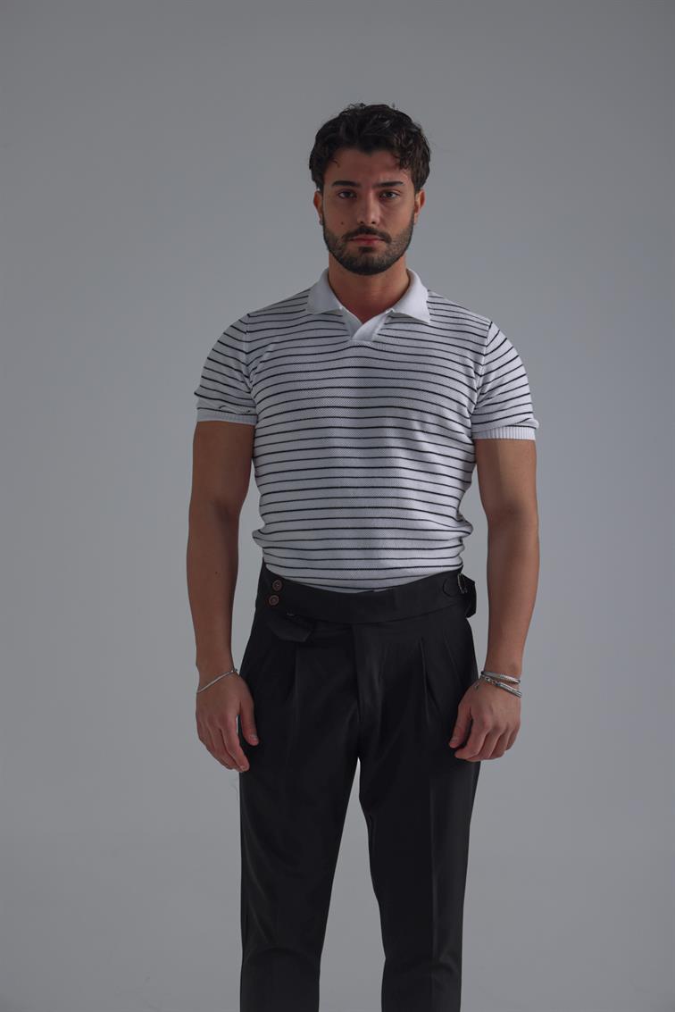 Şeritli Polo Yaka T-Shirt Beyaz