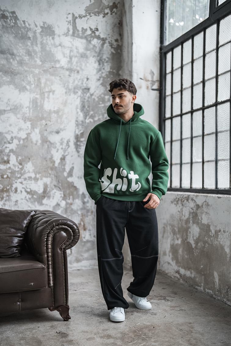 SHİT Baskılı Oversize Hoodie Koyu Yeşil