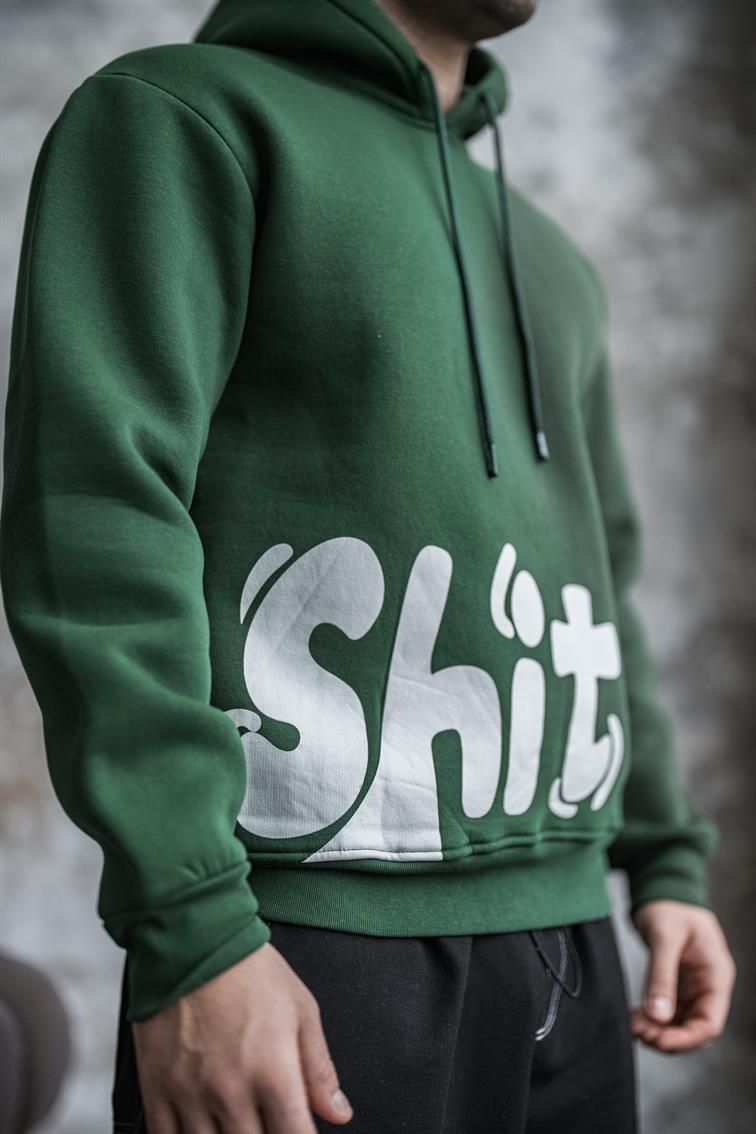 SHİT Baskılı Oversize Hoodie Koyu Yeşil