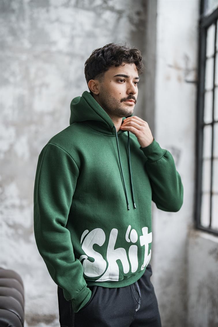 SHİT Baskılı Oversize Hoodie Koyu Yeşil