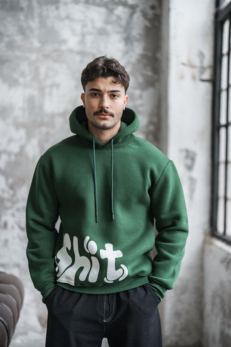 SHİT Baskılı Oversize Hoodie Koyu Yeşil