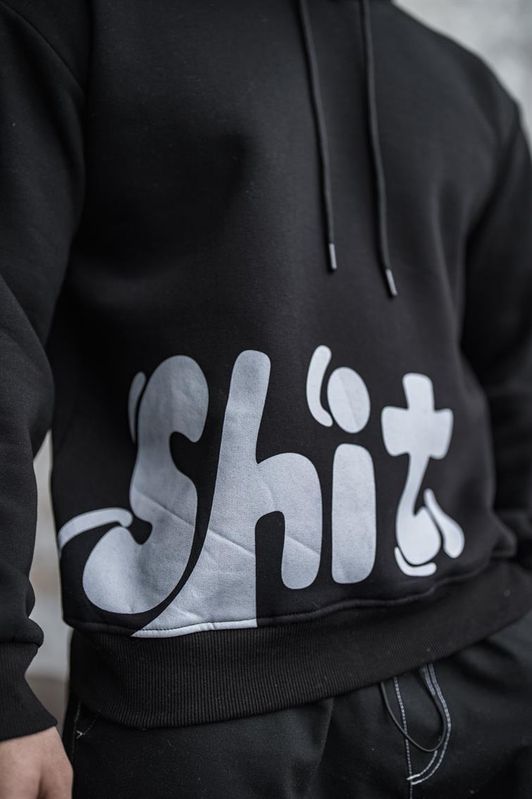 SHİT Baskılı Oversize Hoodie Siyah