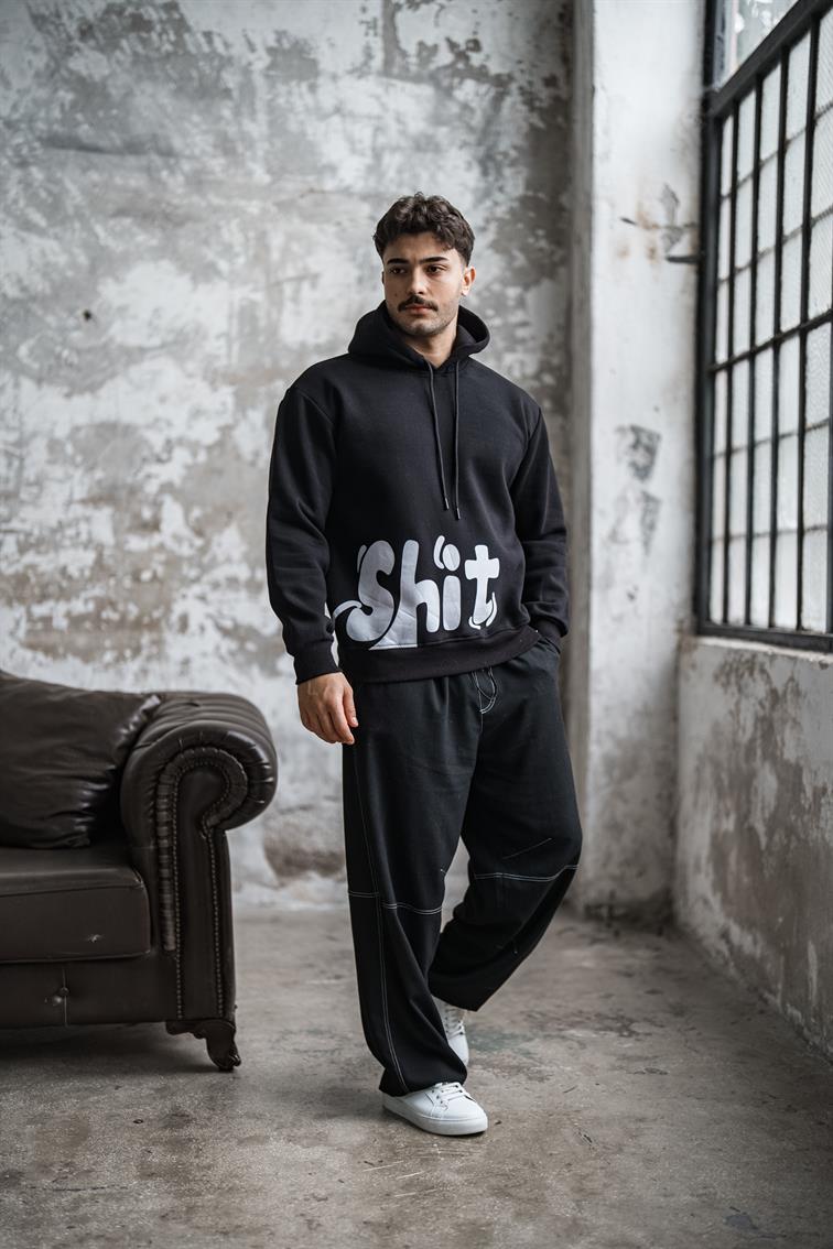 SHİT Baskılı Oversize Hoodie Siyah