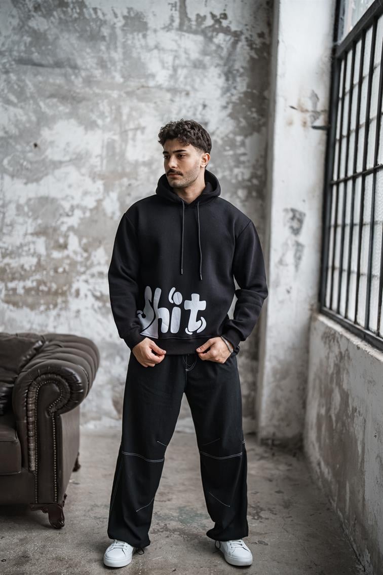 SHİT Baskılı Oversize Hoodie Siyah