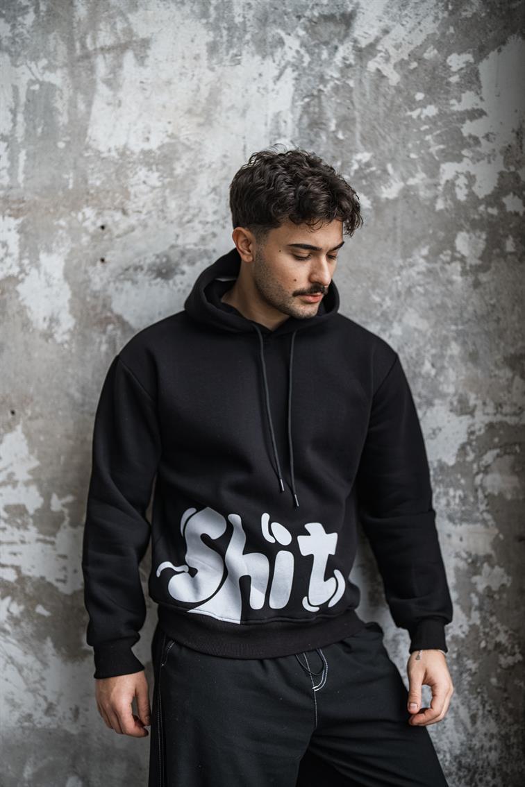 SHİT Baskılı Oversize Hoodie Siyah