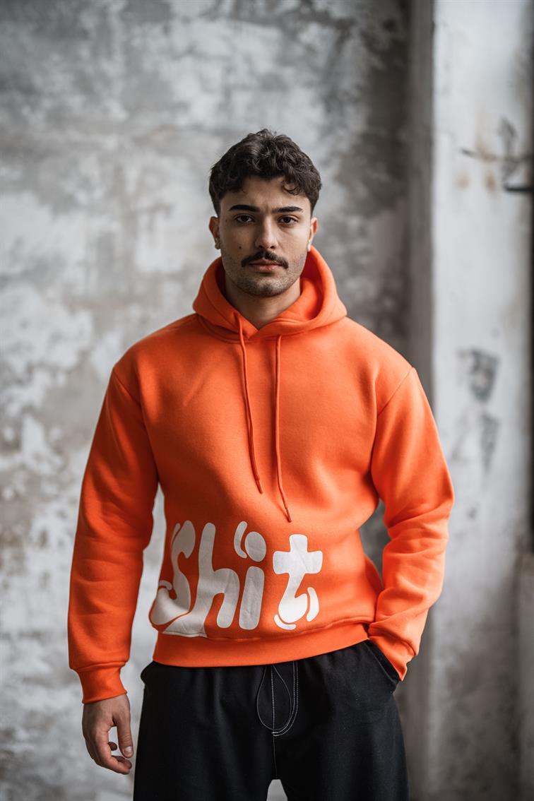 SHİT Baskılı Oversize Hoodie Turuncu