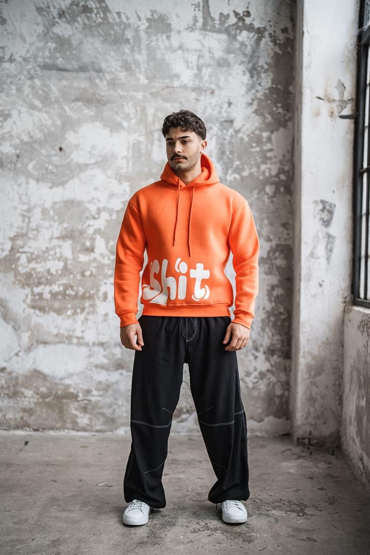 SHİT Baskılı Oversize Hoodie Turuncu