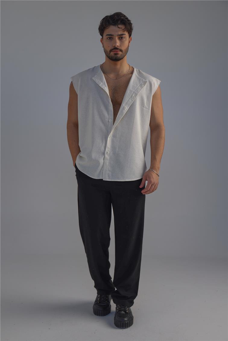 Sıfır Kol Oversize Gömlek Kırık Beyaz