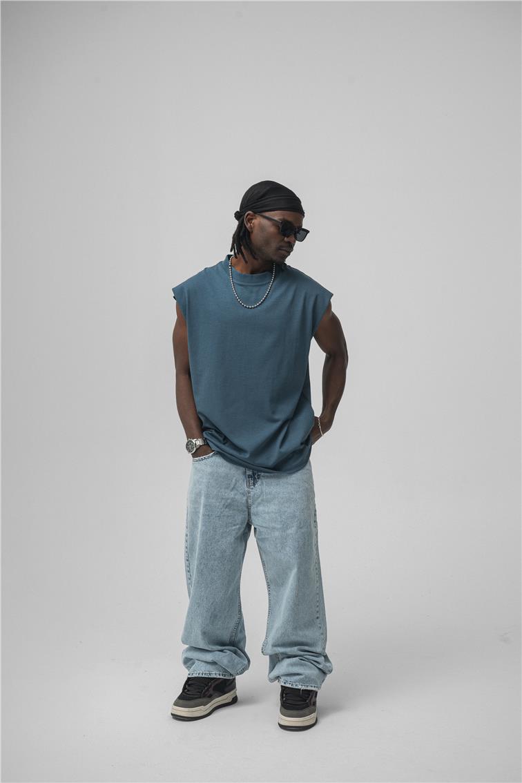 Sıfır Kol Oversize T-Shirt İndigo