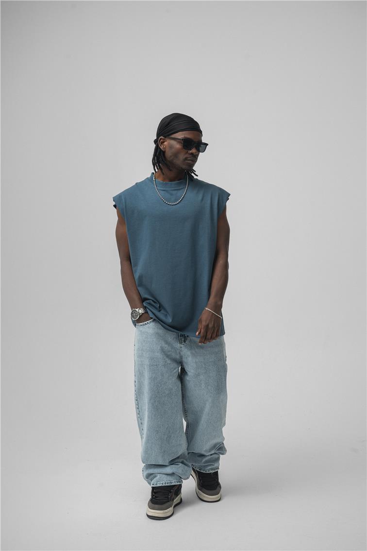 Sıfır Kol Oversize T-Shirt İndigo