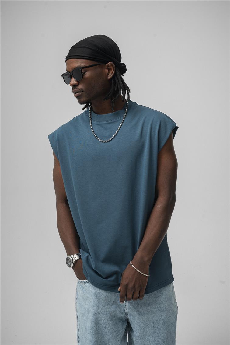 Sıfır Kol Oversize T-Shirt İndigo