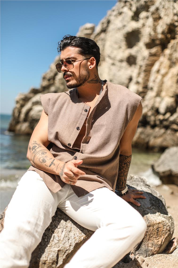 Sıfır Kol Yırtık Detaylı Oversize Gömlek Kahve