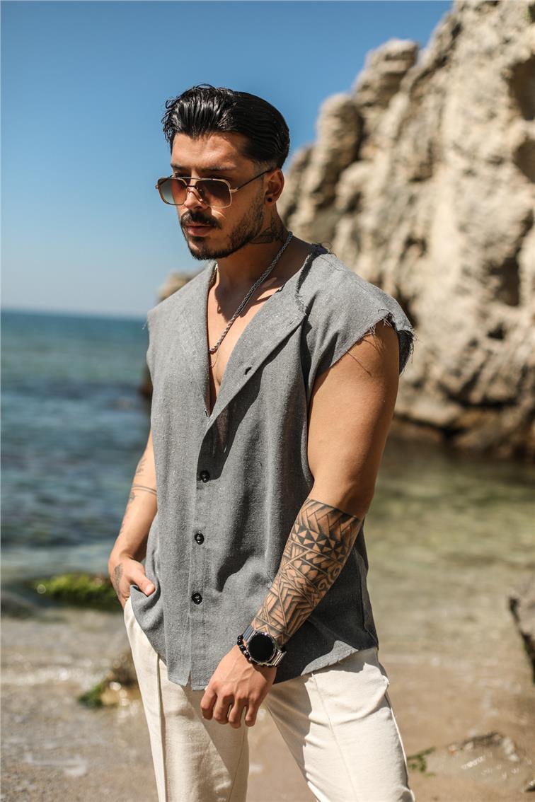 Sıfır Kol Yırtık Detaylı Oversize Gömlek Gri