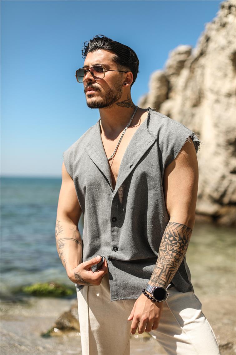 Sıfır Kol Yırtık Detaylı Oversize Gömlek Gri