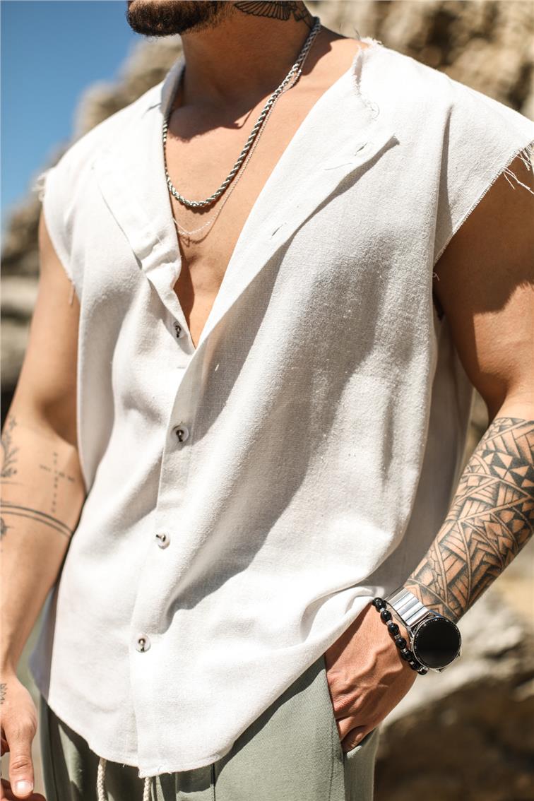 Sıfır Kol Yırtık Detaylı Oversize Gömlek Beyaz