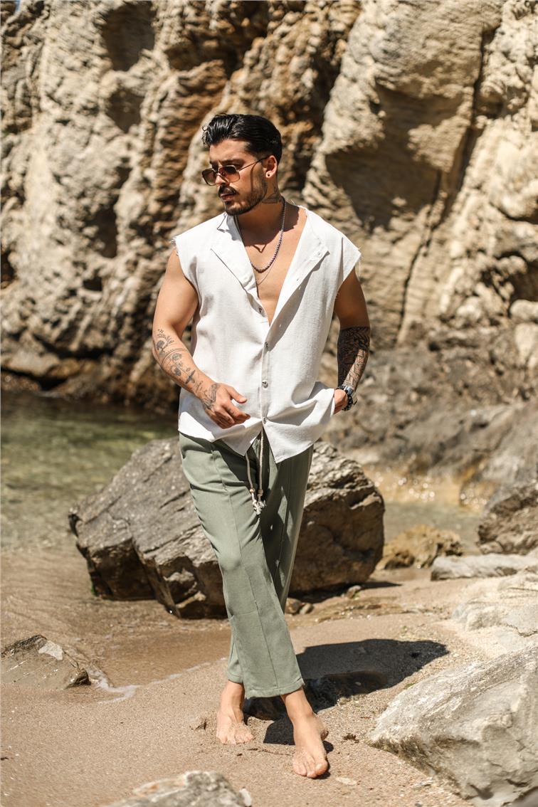 Sıfır Kol Yırtık Detaylı Oversize Gömlek Beyaz