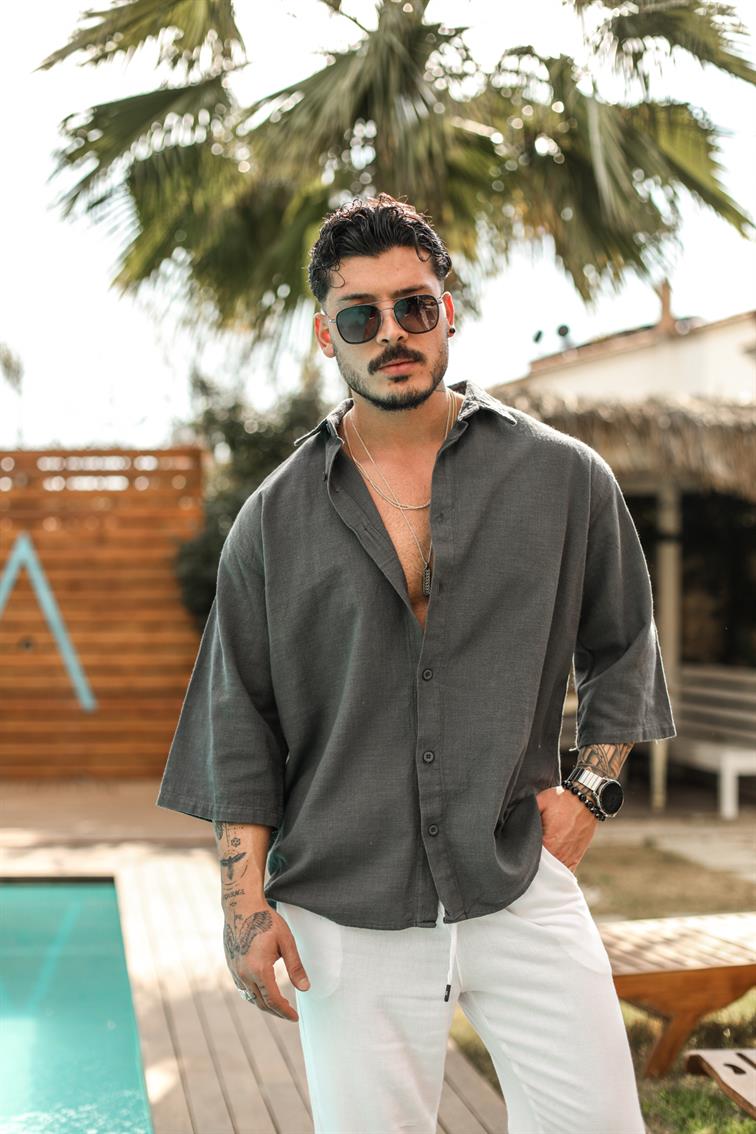 Şile Bezi Fakir Kol Oversize Gömlek Füme