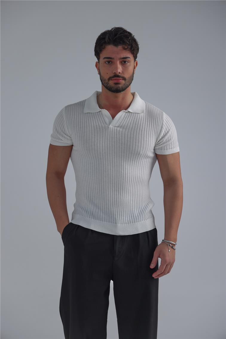 Slim Fit Knit T-Shirt Beyaz