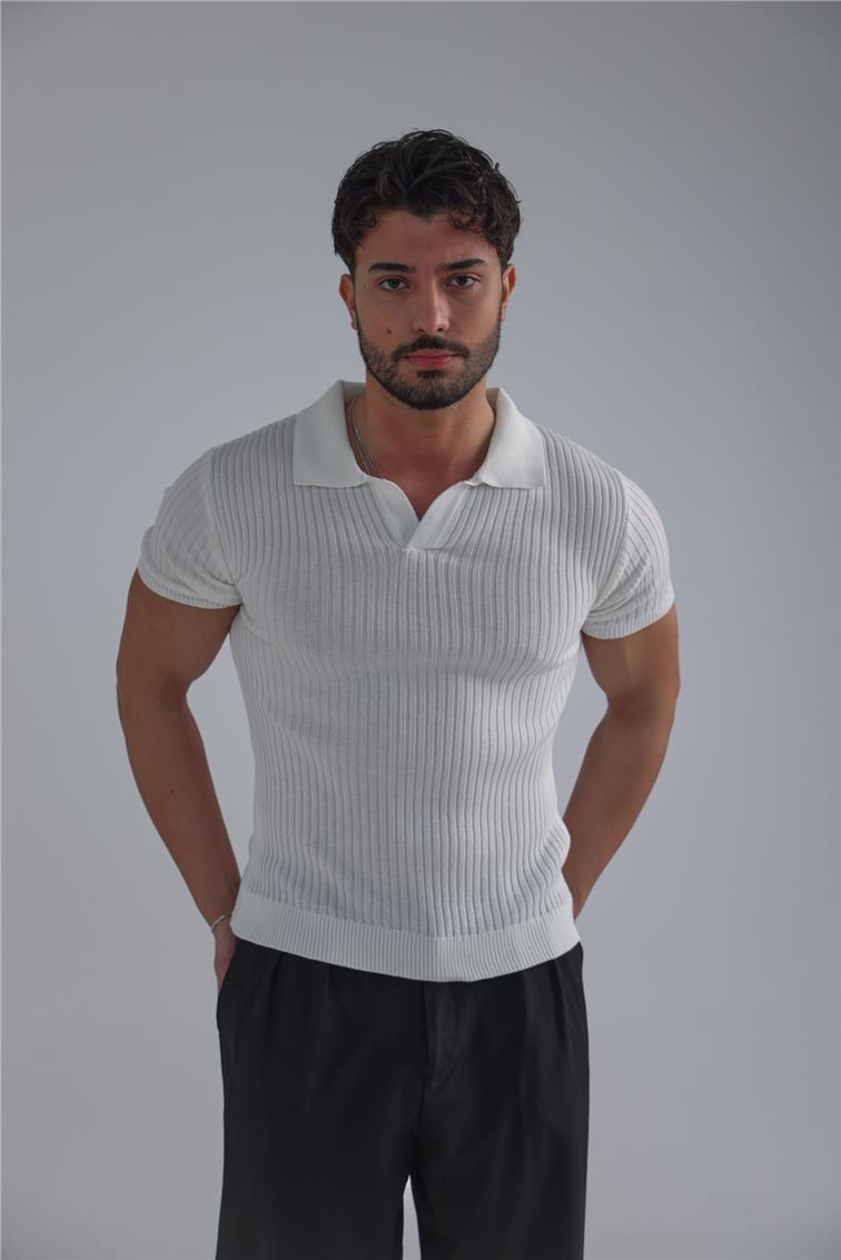 Slim Fit Knit T-Shirt Beyaz